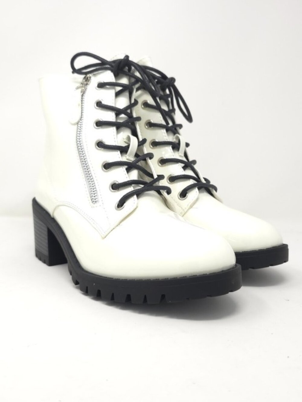 Combat Boots Chunky Heel Lace Up Side Zipper Faux Leather White Pat Ankle Boot - Picture 2 of 12